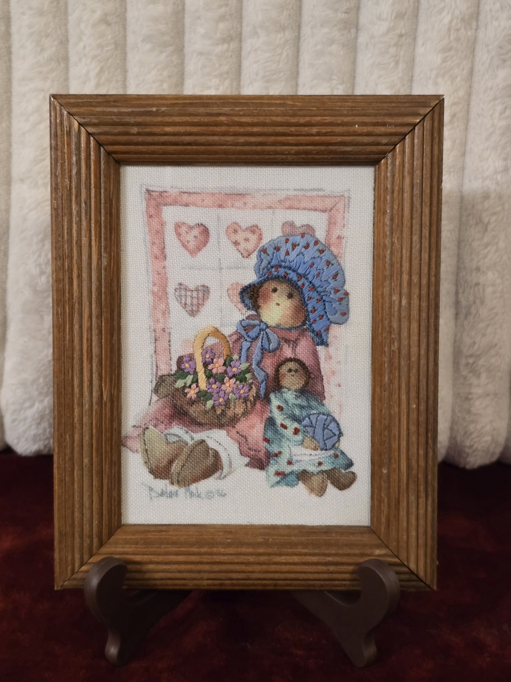 Vintage 1987 Framed Country Doll Finished Cross Stitch - Barbara Mock Nursery